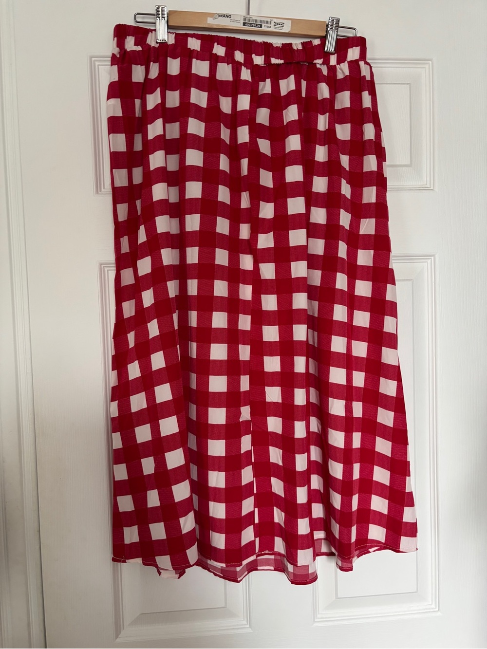 Red and White Check Midi Skirt - Elastic Waist